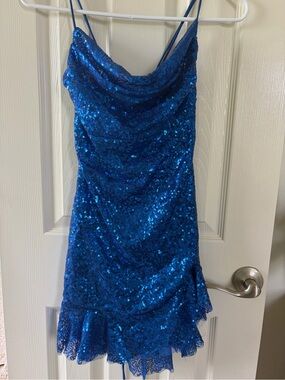 Lucy in the Sky Royal Blue Sequin Cowl Mini Dress
